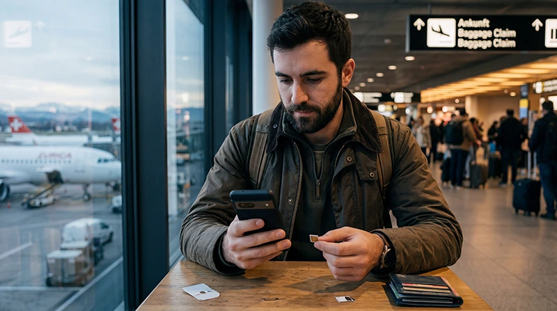 Traveler comparing local SIM card and eSIM options while traveling in Switzerland.