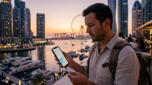 Traveler comparing local SIM card and eSIM options in Dubai with a smartphone near Burj Khalifa.