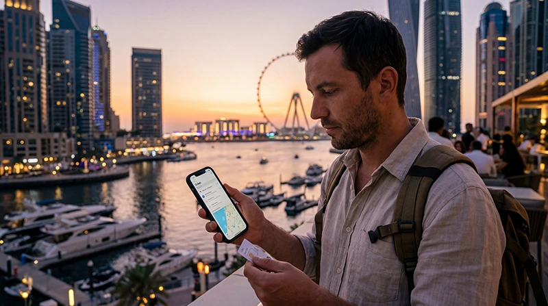 Traveler comparing local SIM card and eSIM options in Dubai with a smartphone near Burj Khalifa.
