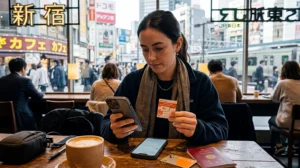 Traveler comparing a local SIM card and eSIM options while traveling in Japan.