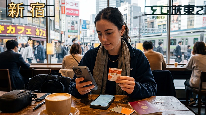 Traveler comparing a local SIM card and eSIM options while traveling in Japan.