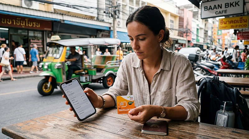 Traveler comparing a local SIM card and Thailand eSIM for mobile internet, maps, ride-hailing apps, and travel connectivity in Thailand.