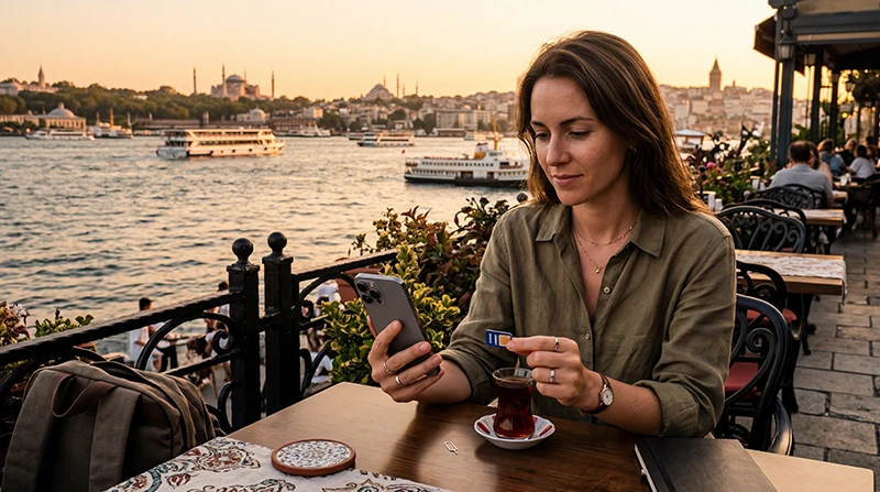 Traveler comparing local SIM card and eSIM options for mobile internet in Turkey.