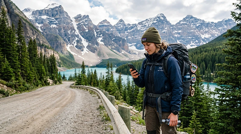 Traveler using mobile data in the Canadian Rocky Mountains with smartphone and scenic mountain landscape