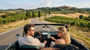 Travelers using mobile data during a Tuscany road trip in Italy
