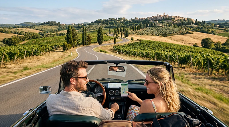 Travelers using mobile data during a Tuscany road trip in Italy