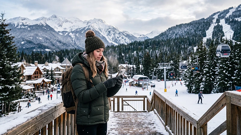 Traveler using mobile data in Whistler with smartphone and snowy mountain resort scenery