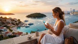 Traveler using mobile internet and eSIM connectivity while traveling in Albania.