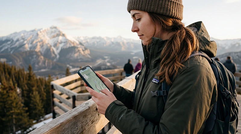 Traveler using mobile internet and eSIM while traveling in Canada.