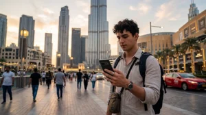 Traveler using mobile internet in Dubai with a smartphone and Dubai eSIM near Burj Khalifa.