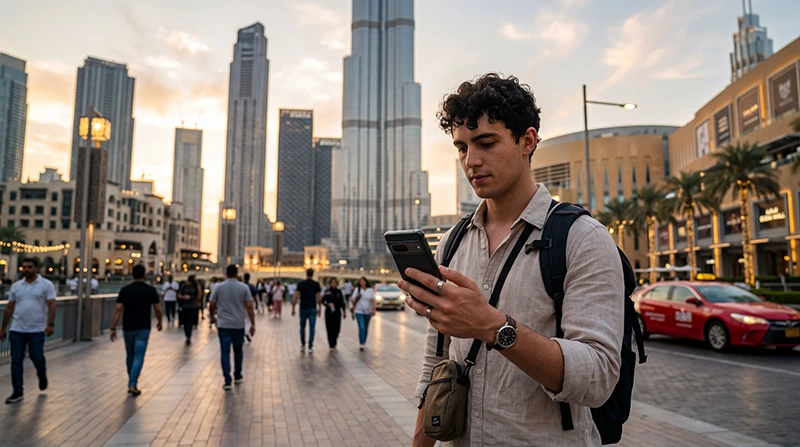 Traveler using mobile internet in Dubai with a smartphone and Dubai eSIM near Burj Khalifa.