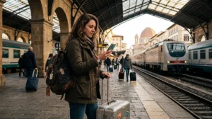 Traveler using mobile internet in Italy with smartphone during city travel
