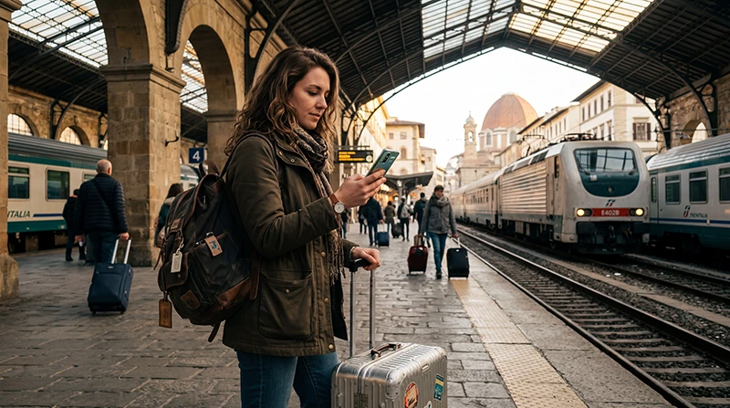 Traveler using mobile internet in Italy with smartphone during city travel