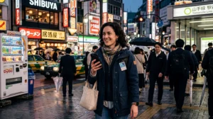 Traveler using mobile internet and navigation apps while traveling in Japan.