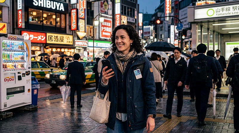 Traveler using mobile internet and navigation apps while traveling in Japan.