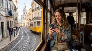 Traveler using mobile internet and eSIM while exploring Portugal