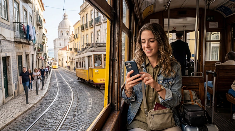 Traveler using mobile internet and eSIM while exploring Portugal