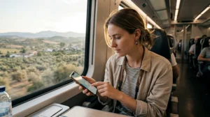 Traveler using mobile internet and eSIM while traveling in Spain