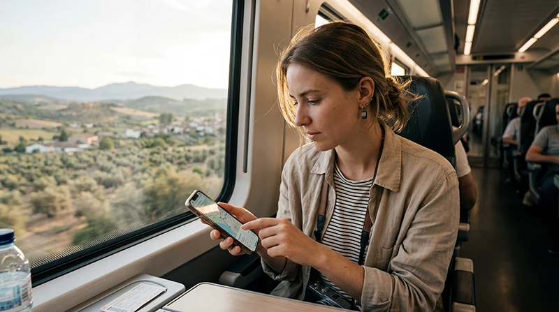 Traveler using mobile internet and eSIM while traveling in Spain