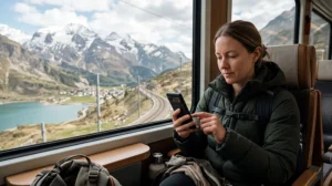 Traveler using mobile internet and eSIM connectivity while traveling across Switzerland.