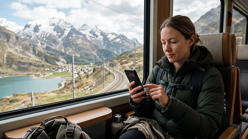 Traveler using mobile internet and eSIM connectivity while traveling across Switzerland.