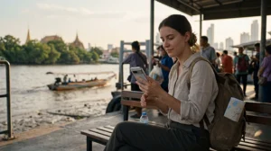 Traveler using mobile internet in Thailand with an eSIM for maps, ride-hailing apps, messaging, and travel planning.