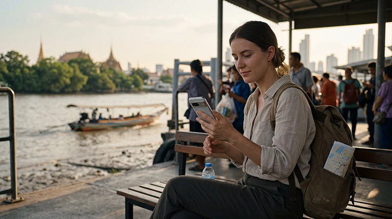Traveler using mobile internet in Thailand with an eSIM for maps, ride-hailing apps, messaging, and travel planning.