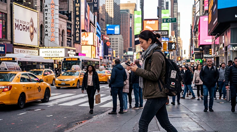 Traveler using mobile internet and a USA eSIM while traveling across the United States.