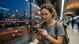Traveler troubleshooting no internet connection on a Dubai eSIM using a smartphone in Dubai.