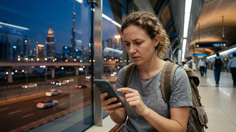 Traveler troubleshooting no internet connection on a Dubai eSIM using a smartphone in Dubai.
