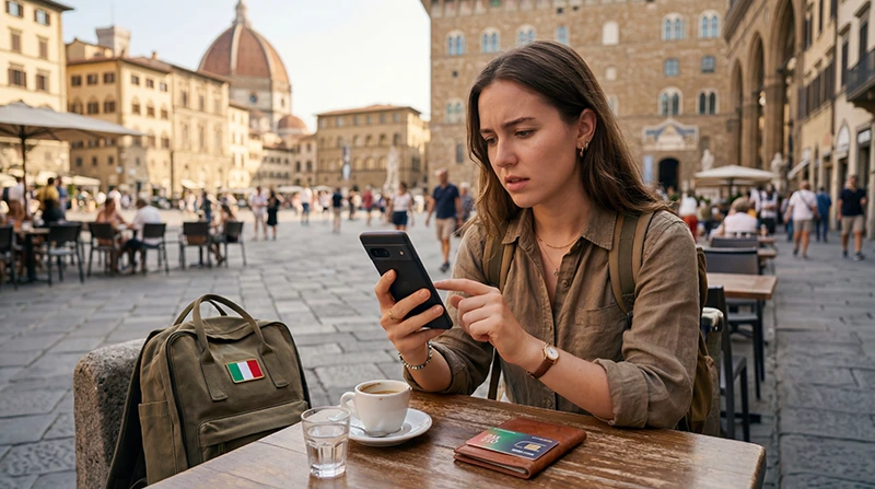 Traveler fixing no internet issue with Italy eSIM on smartphone