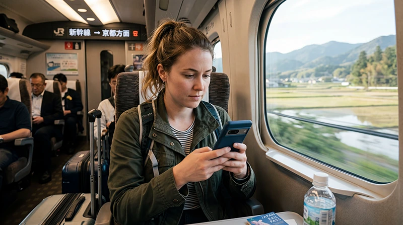 Traveler troubleshooting no internet connection on a Japan eSIM while traveling in Japan.