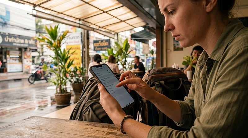Traveler fixing a Thailand eSIM with no internet connection using mobile data and APN settings on a smartphone.