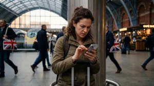 Traveler troubleshooting no internet connection on a UK eSIM while traveling in the United Kingdom.
