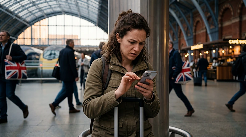 Traveler troubleshooting no internet connection on a UK eSIM while traveling in the United Kingdom.