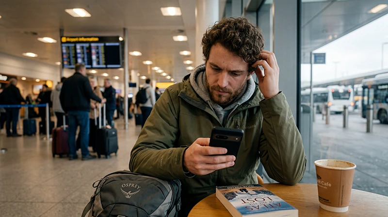 Traveler troubleshooting no internet on a USA eSIM while using mobile data and travel apps in the United States.