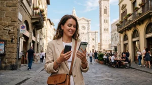 Traveler comparing pocket WiFi and eSIM for internet in Italy