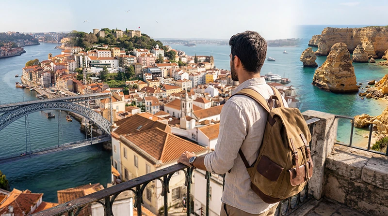 Traveler comparing pocket WiFi and Portugal eSIM for mobile internet in Portugal