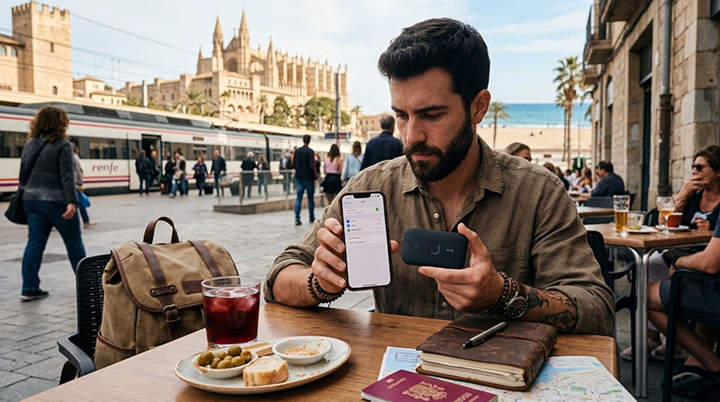 Traveler comparing pocket WiFi and eSIM internet options in Spain