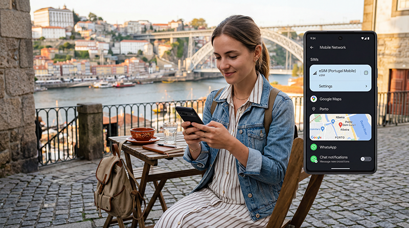 Traveler using Portugal eSIM on Android phone while exploring Portugal