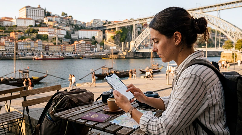 Traveler using Portugal eSIM on iPhone while exploring Portugal