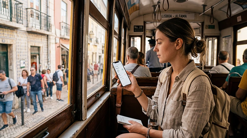 Traveler checking roaming charges and mobile data costs in Portugal