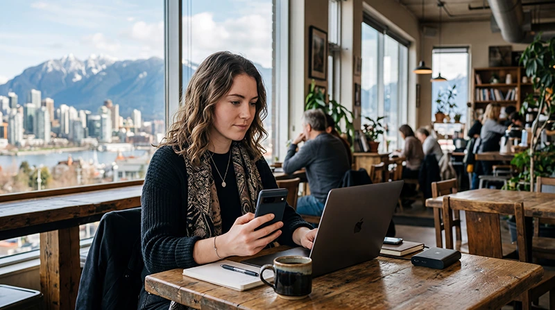 Remote worker using laptop and mobile internet while traveling in Canada