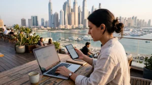 Remote worker using mobile internet in Dubai with laptop and smartphone overlooking the Dubai skyline.