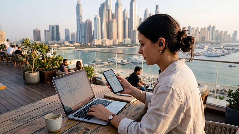 Remote worker using mobile internet in Dubai with laptop and smartphone overlooking the Dubai skyline.