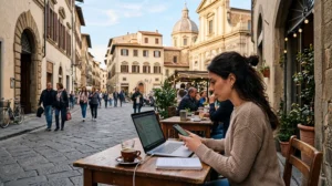 Remote worker using mobile internet while working from Italy