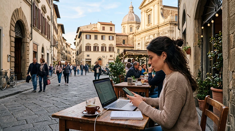 Remote worker using mobile internet while working from Italy