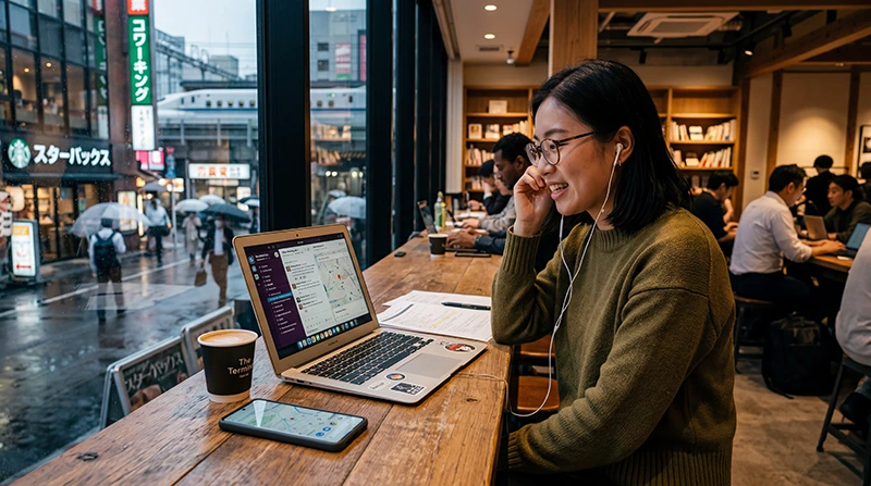 Remote worker using mobile internet and eSIM while working remotely in Japan.