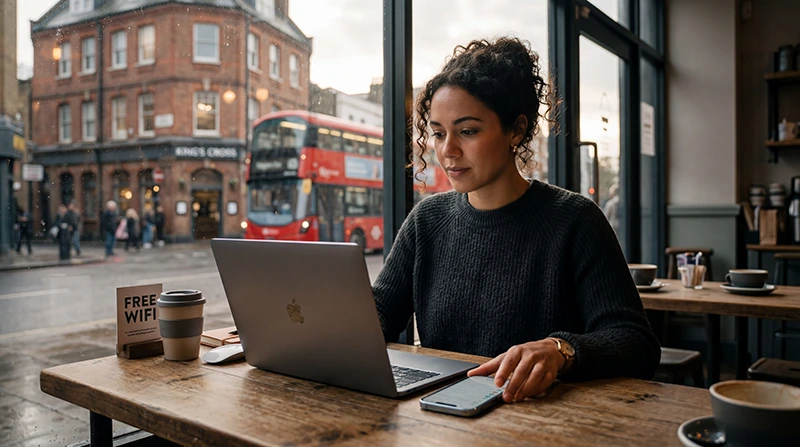 Remote worker using mobile internet and eSIM while working from a café in London.