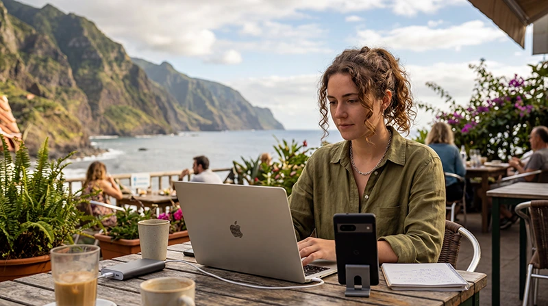 Remote worker using mobile internet and Portugal eSIM while working from Portugal